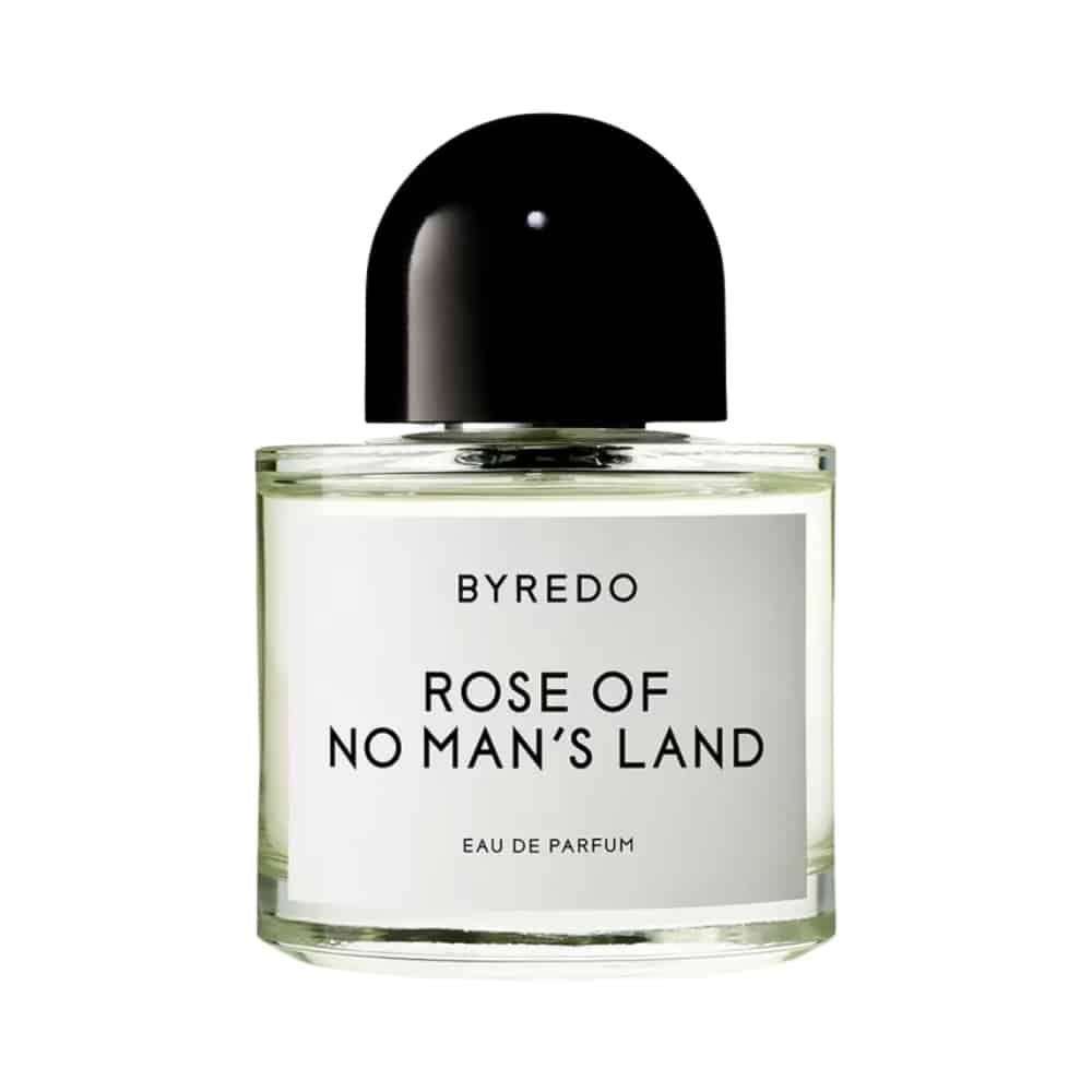 A bottle of Byredo Rose of No Man's Land perfume with a black cap.