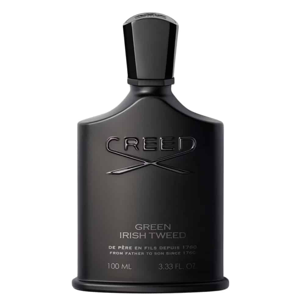 Matte black bottle of Creed Green Irish Tweed perfume.