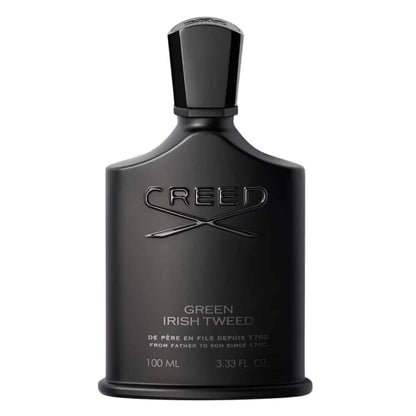 Matte black bottle of Creed Green Irish Tweed perfume.