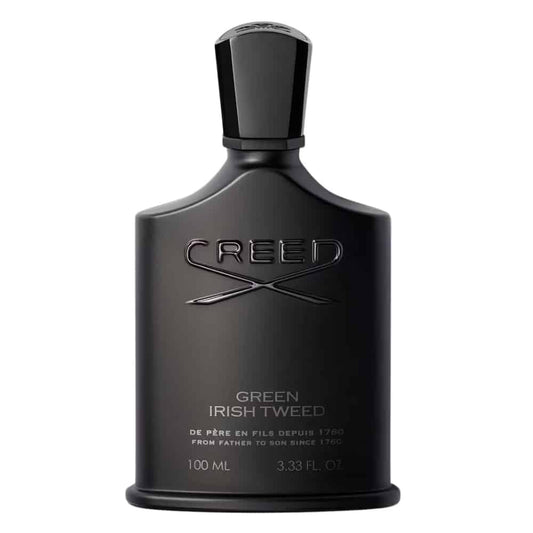 Matte black bottle of Creed Green Irish Tweed perfume.