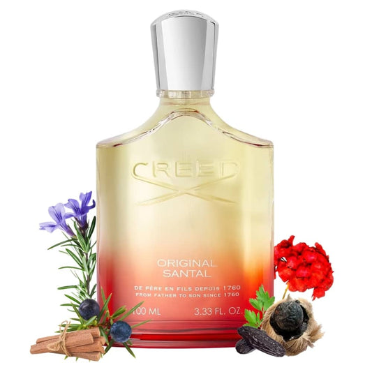 A gradient perfume bottle surrounded by flowers and botanicals.