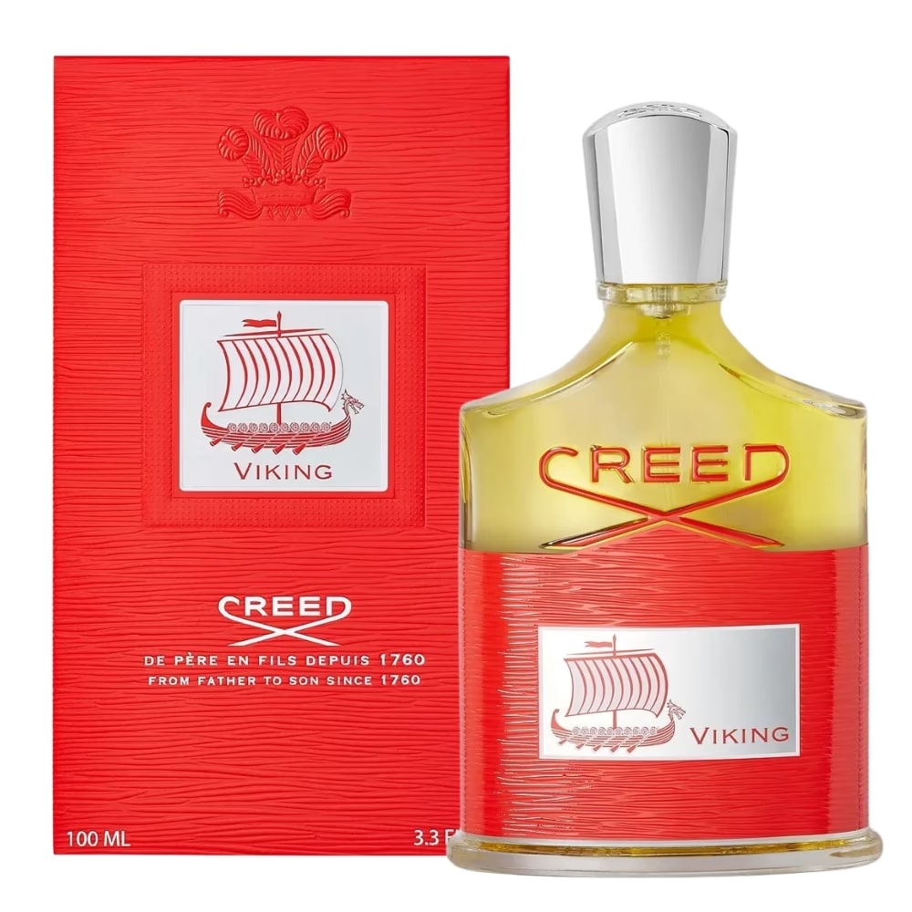 Creed Viking Eau de Parfum with red packaging and glass bottle.