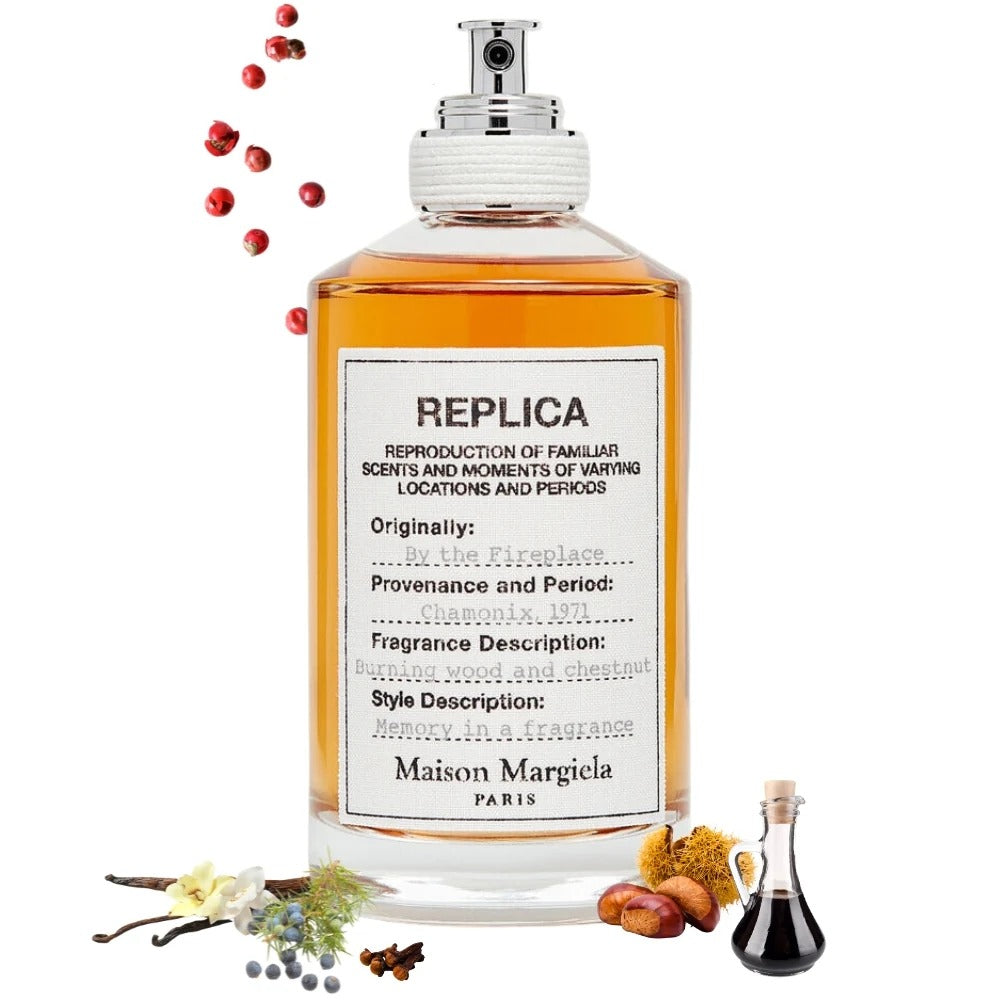 A bottle of Maison Margiela Replica perfume surrounded by scattered rose petals and spices.