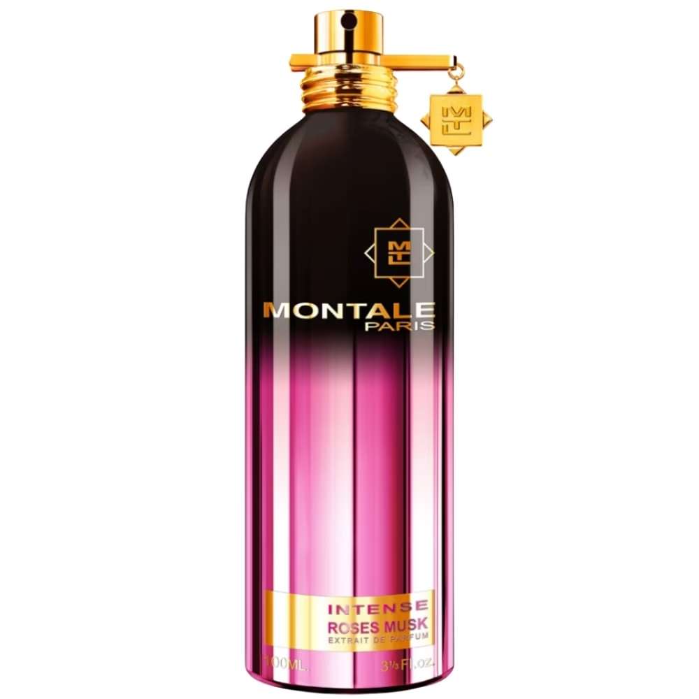 Luxurious pink and black perfume bottle with gold accents.