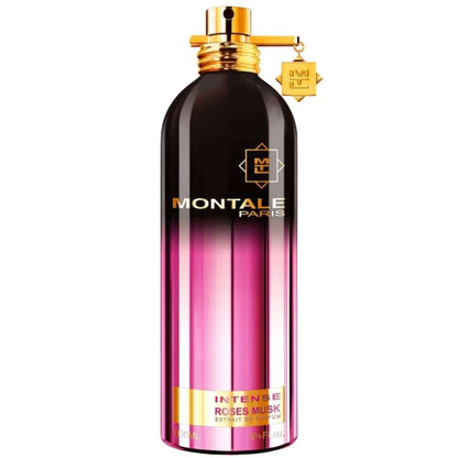 Luxurious pink and black perfume bottle with gold accents.