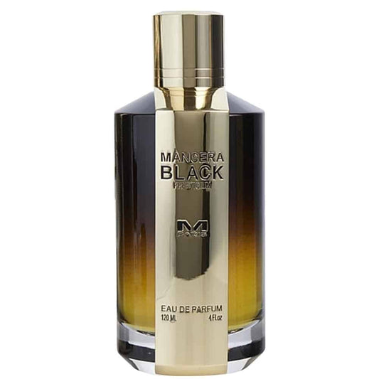 Elegant black and gold perfume bottle with sleek design.