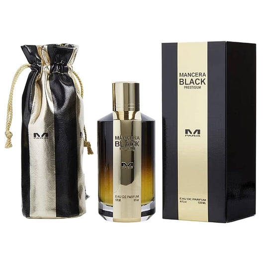 Elegant gold and black perfume bottle with matching pouch and box.