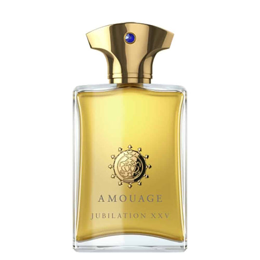 Elegant bottle of Amouage perfume with golden liquid inside.
